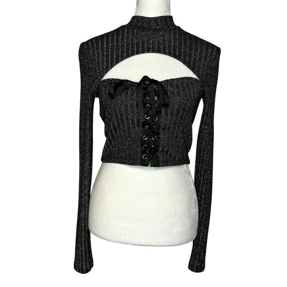 TOPSHOP Black Shimmer Front Cutout Sexy Lace Up Corset Long Sleeve Top 10 Large - Picture 1 of 7